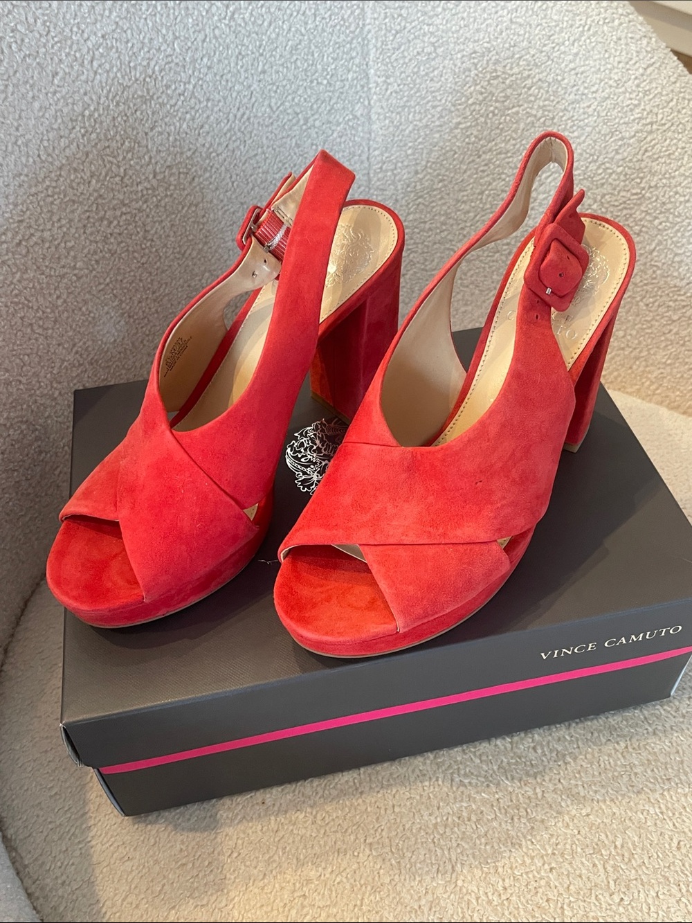Vince Camuto Red Suede Crisscross Peep-Toe Slingback Heels